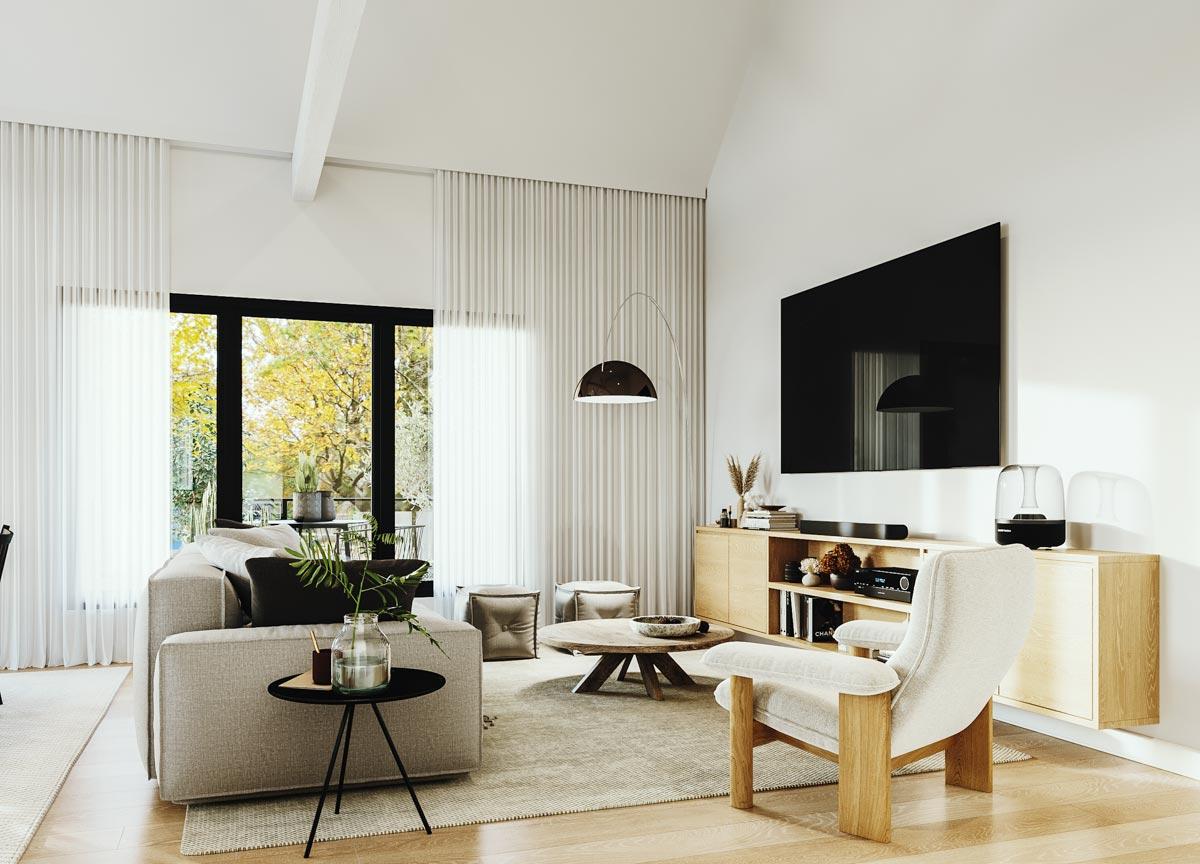 Interior rendering of a living room with a vaulted ceiling, large window, and media console.