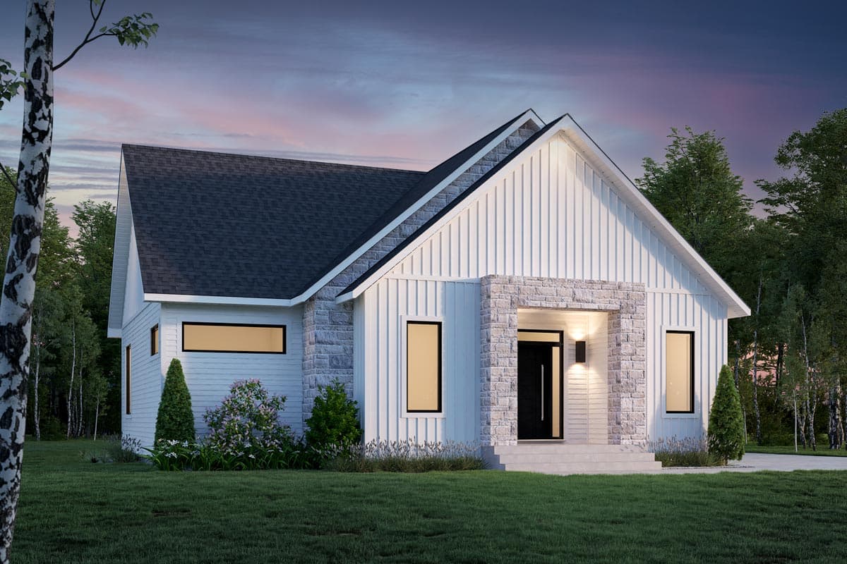 House plan exterior with board and batten siding, stone entryway, and gabled roof. Rectangular windows and dark trim are visible.