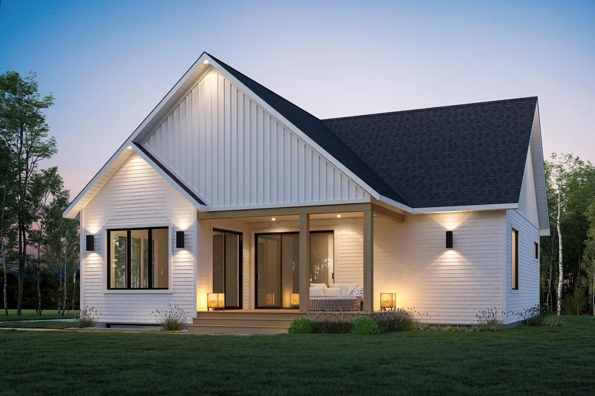 Modern Farmhouse house plan exterior with gables, covered porch with sliding glass doors, and exterior lighting.