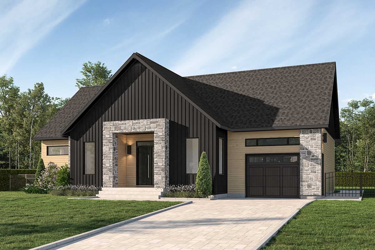 Modern house plan exterior with a prominent gable, stone accents, and an attached garage. Features vertical siding and a dark garage door.