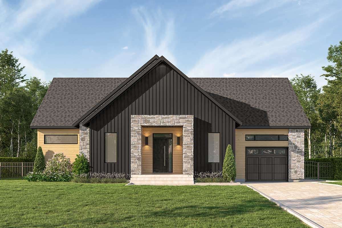 House plan exterior. Modern farmhouse style with gabled roof, stone accents, and a two-car garage. Features a recessed entry with stone surround.