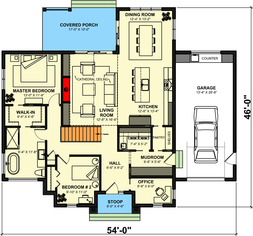 Plan 22619DR: Contemporary Home Plan with Home Office and Single Garage - 1487 Sq Ft - Floor Plan - Main Level - Mountain, New American, Ranch
