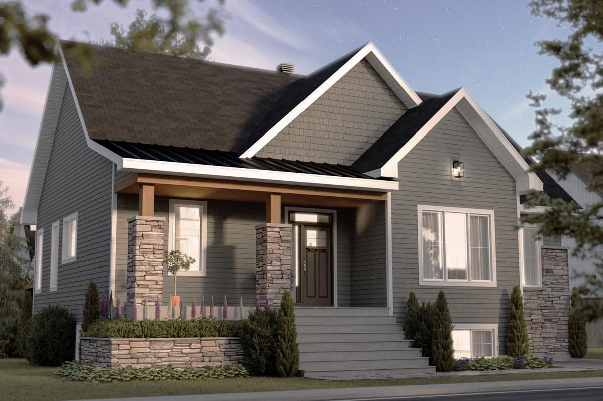House plan exterior. Two-story Modern Farmhouse with gables, a covered porch with stone columns, and a mixed roofline.