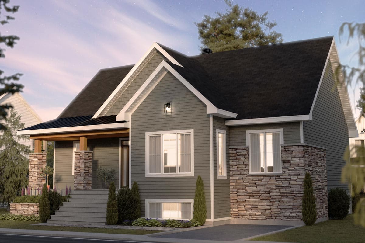 House plan exterior, two-story home with stone accents, covered porch with wood beams, and prominent gables.