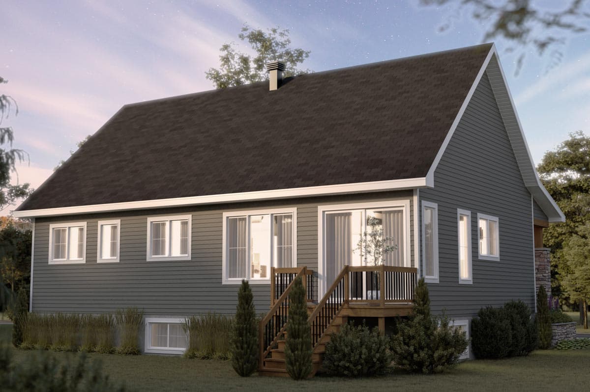 House plan exterior: one-story dwelling with a steep gable roof, vinyl siding, and a wooden deck with stairs.