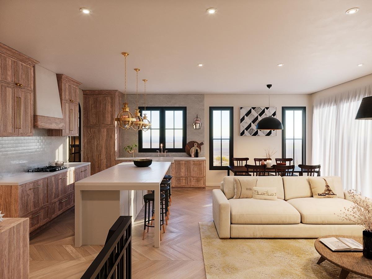 Open-concept interior rendering featuring a kitchen with a large island, a dining area, and a living room with a sectional sofa.
