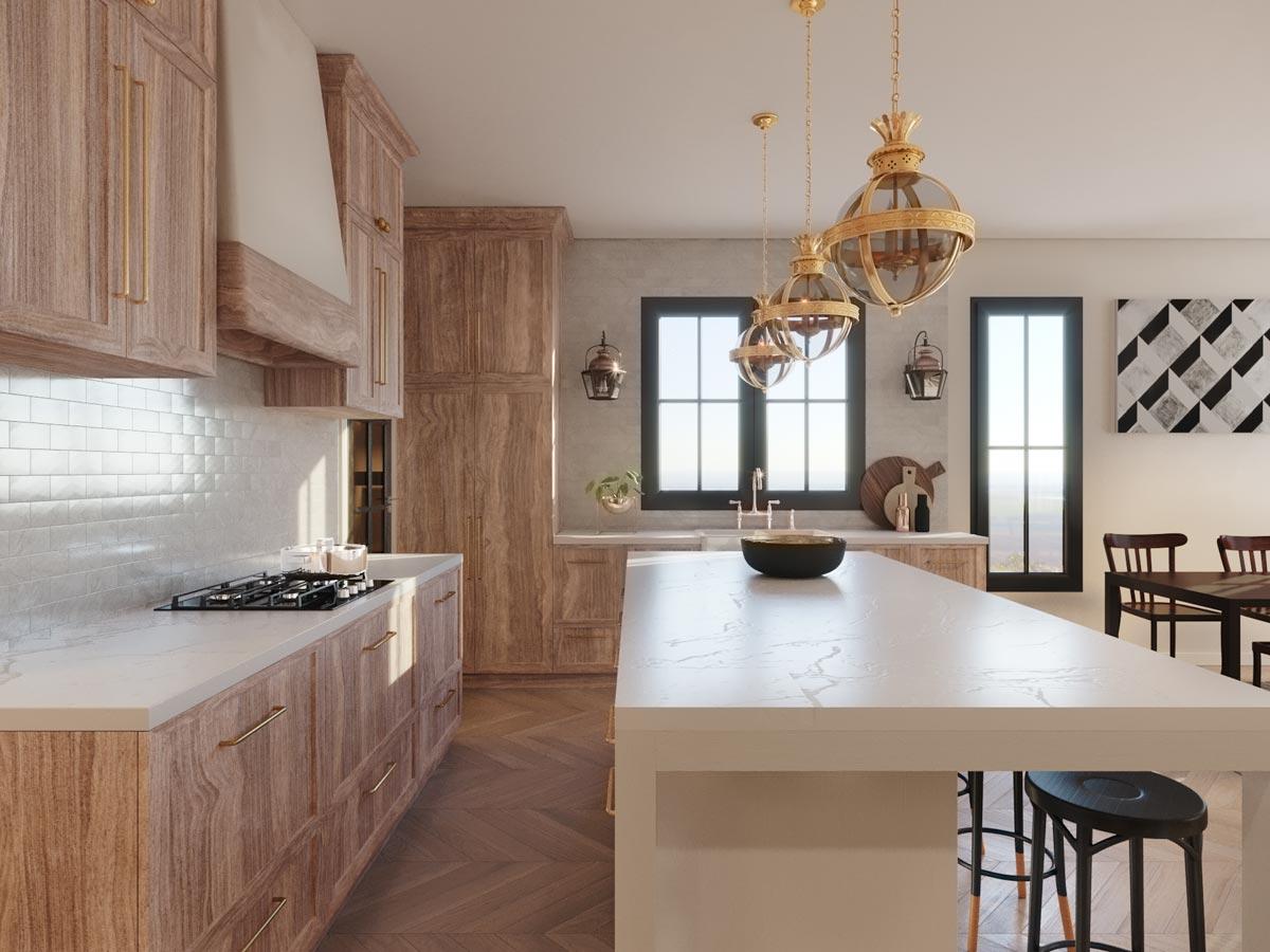 Kitchen with natural wood cabinetry, white quartz countertops, subway tile backsplash, and a large island.