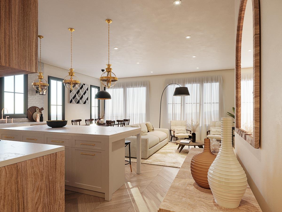 Open concept living area with kitchen island, dining space, and seating area. Features pendant lights, recessed lighting, and large windows.