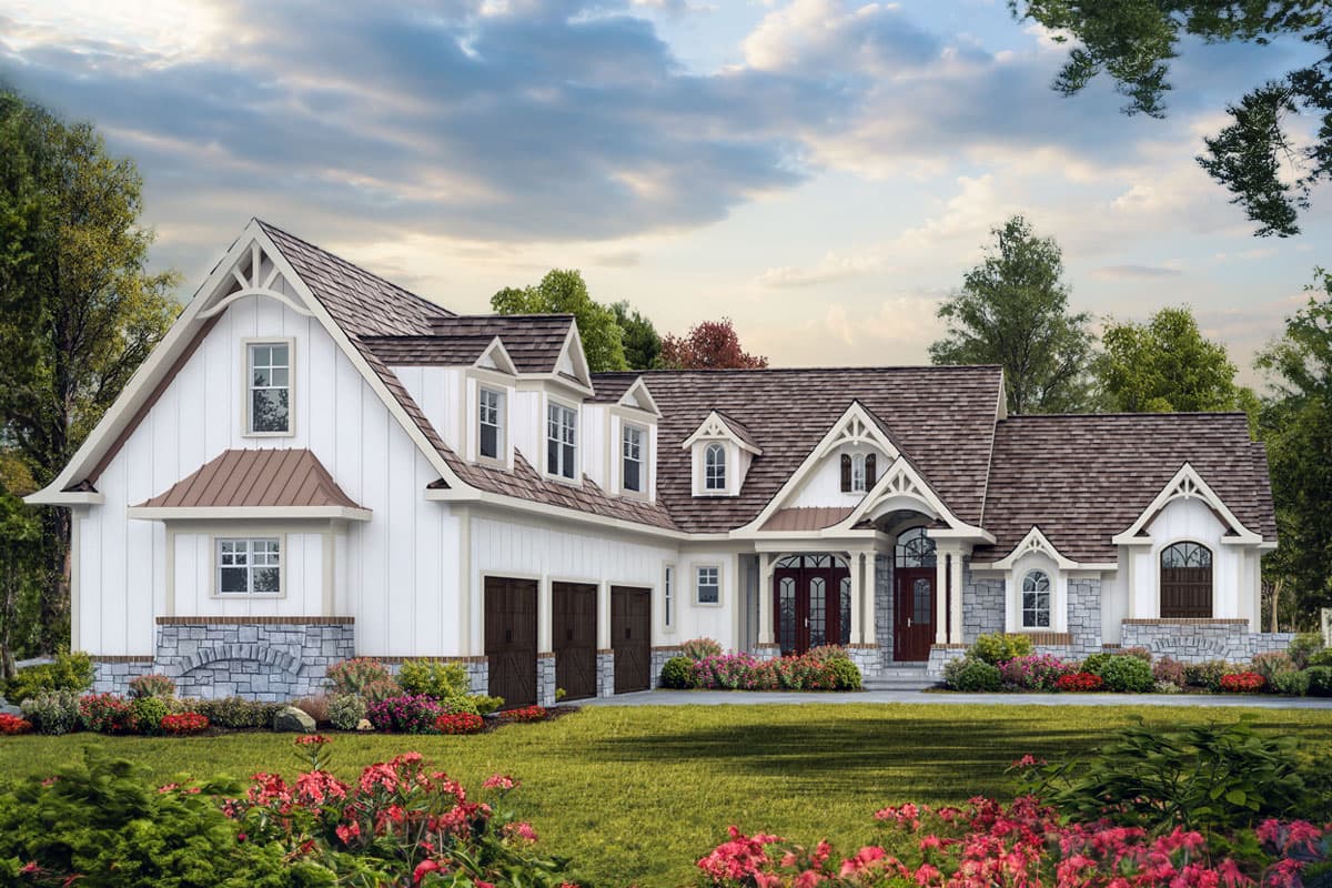 House plan exterior. Two-story Modern Farmhouse with gables, dormers, and a covered front porch, plus three-car garage.
