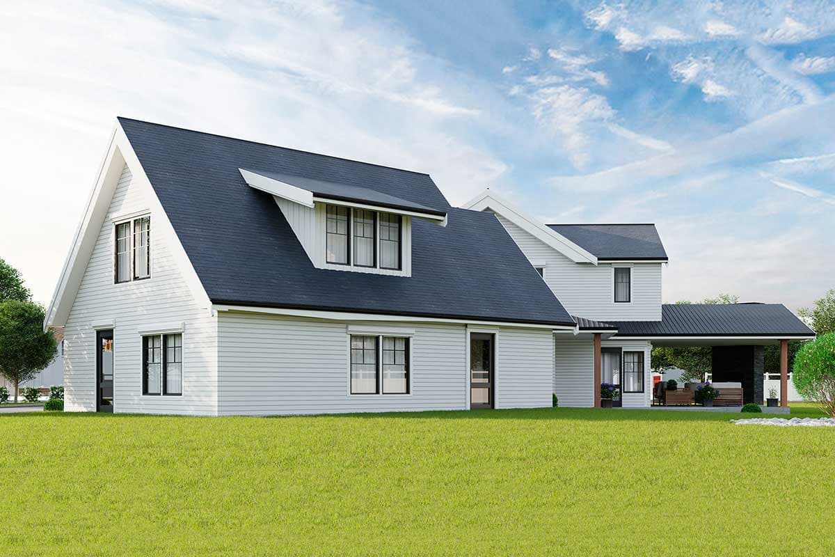 Modern Farmhouse house plan exterior with gables, dormer, and attached carport.