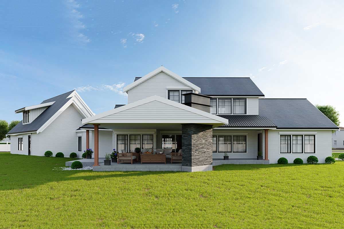 Modern Farmhouse house plan exterior with covered patio, stone accent chimney, and multiple gables.