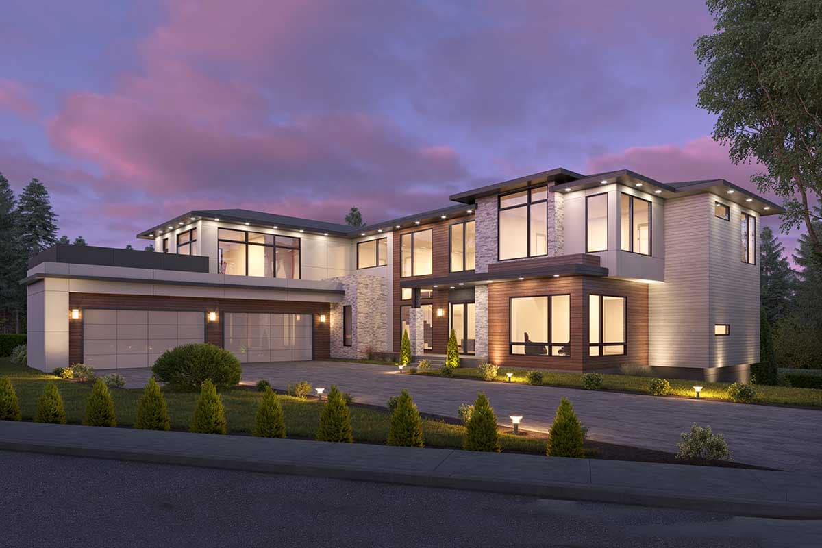 House plan exterior. Modern style, two-story home with large windows. Features include a flat roof, wood paneling, and an attached two-car garage.
