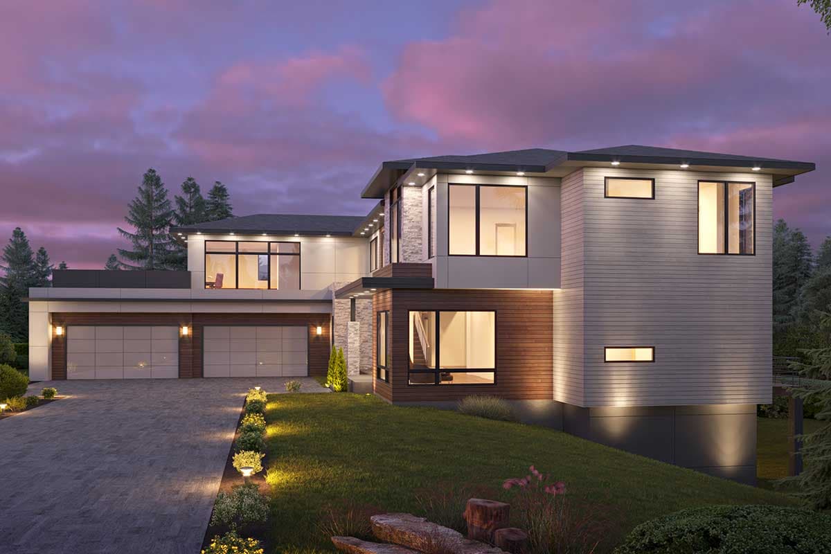 Modern house plan exterior with multi-level rooflines, extensive glazing, a three-car garage, and wood and stone facade accents.
