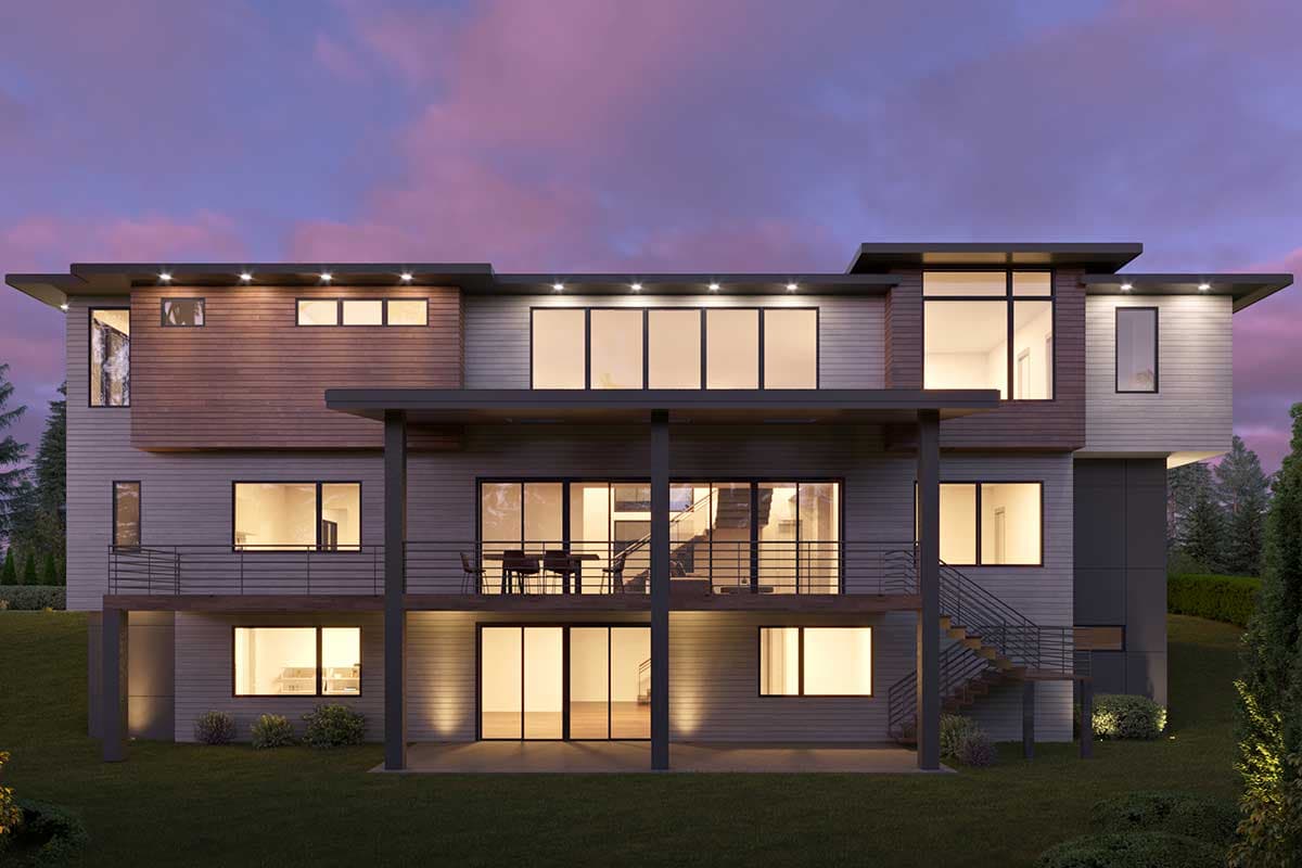 Modern house plan exterior with flat rooflines, multiple levels, extensive windows, and wood and siding facade.