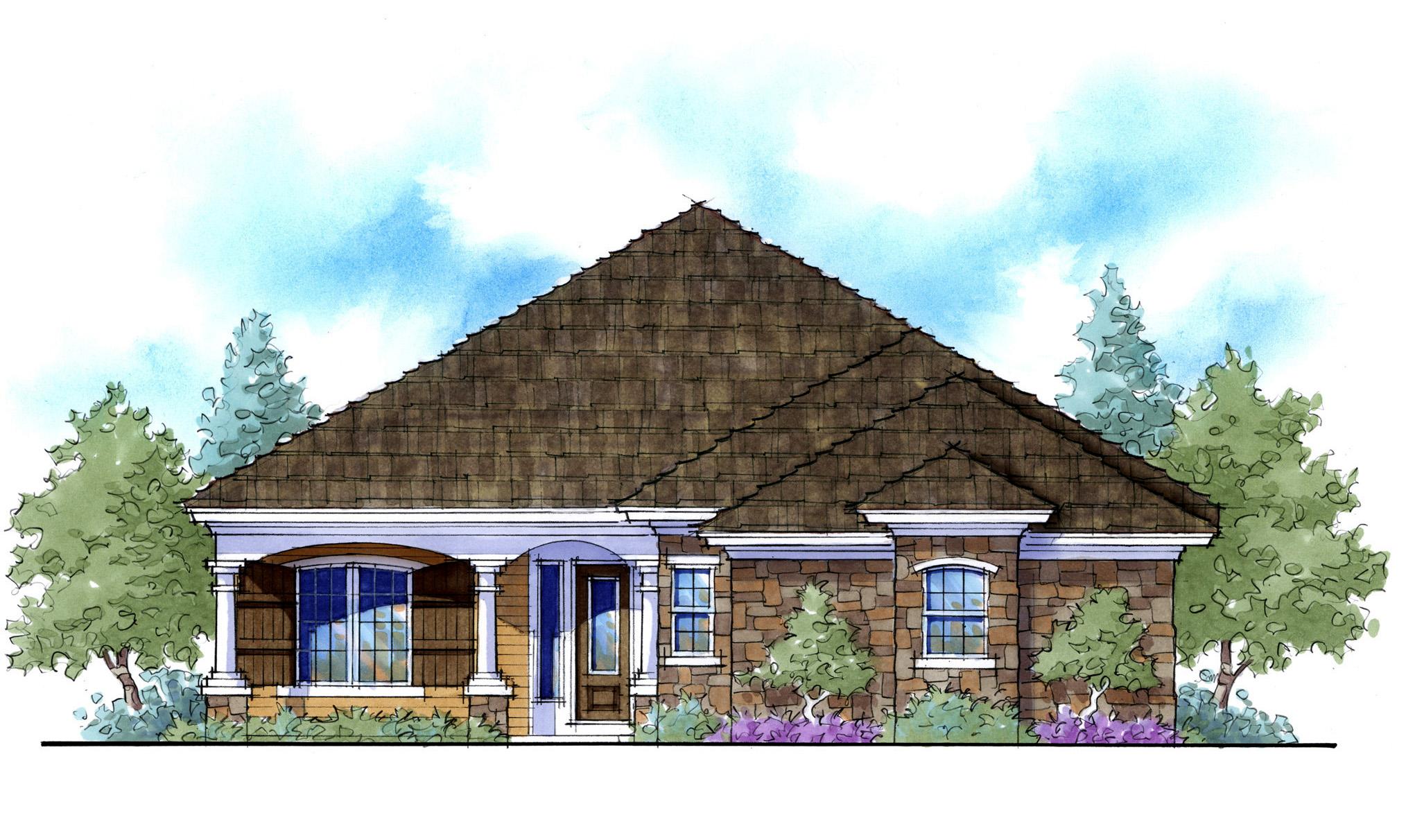 House plan exterior rendering showing a single-story home with a covered entry porch, stone and siding facade, and large gabled roof.
