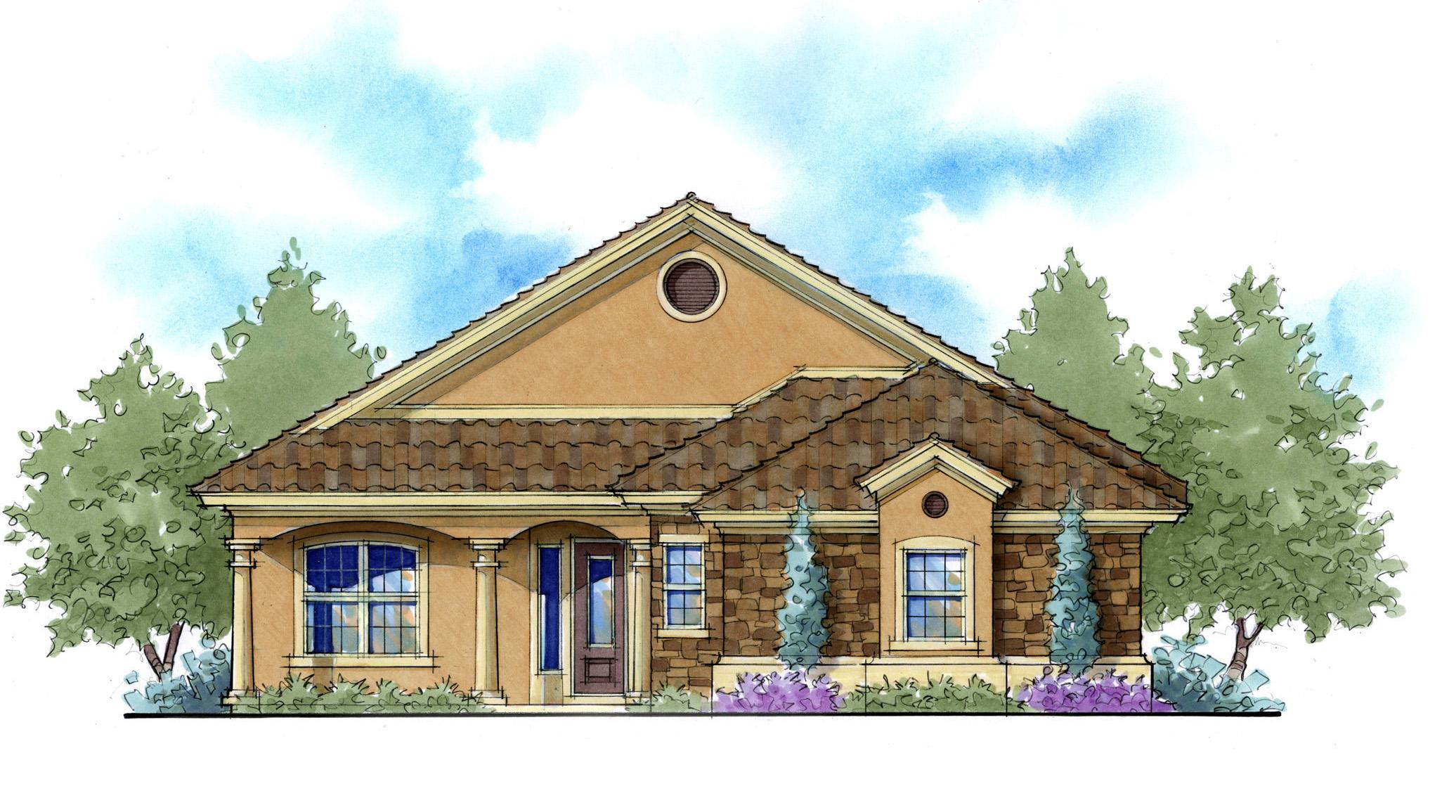 House plan exterior: One-story home with a tiled roof, arched portico, central gable with circular vent, and stone accents.