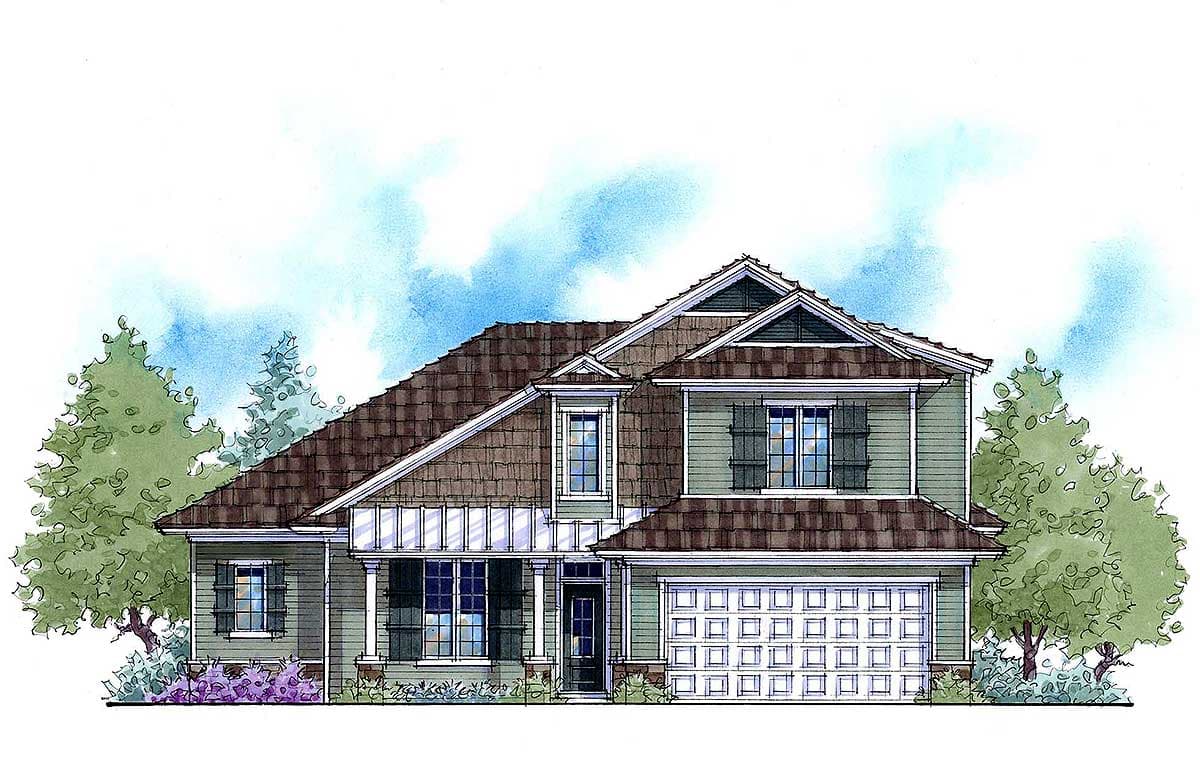 House plan exterior of a two-story home with a covered front porch, multiple gables, and a detached garage.