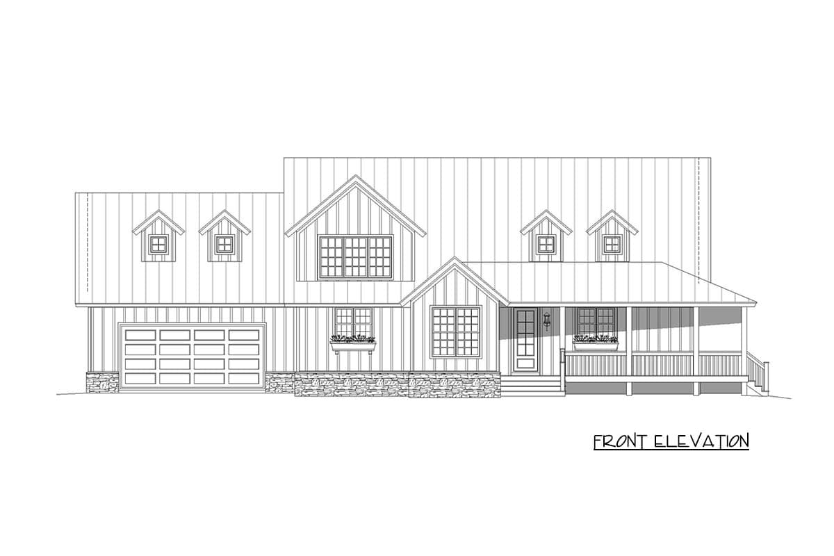Front elevation of a house plan featuring a metal roof, dormers, a covered porch, and a two-car garage.