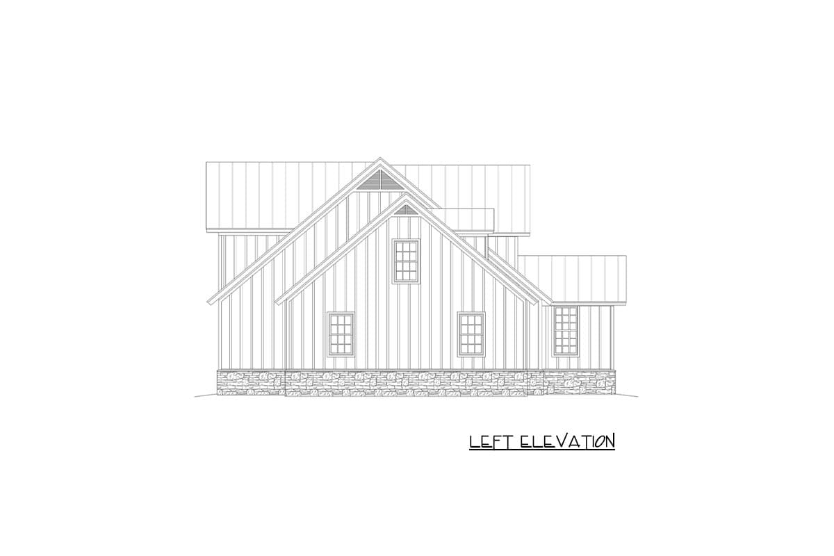 Left elevation drawing of a house plan showing vertical siding, stone foundation, and multiple gables with windows.