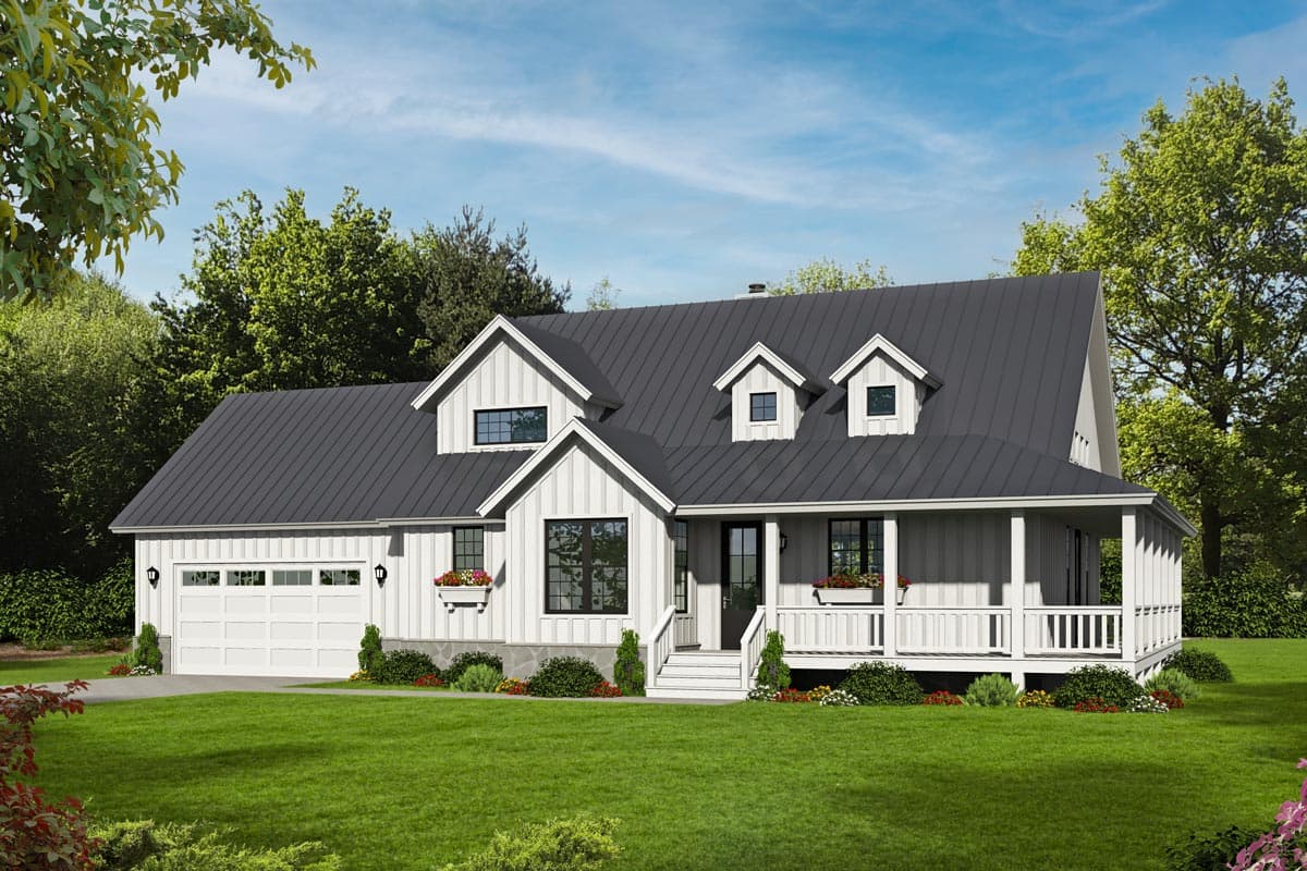 House plan exterior: Modern farmhouse style, one story, with gabled roof, dormers, and front porch.