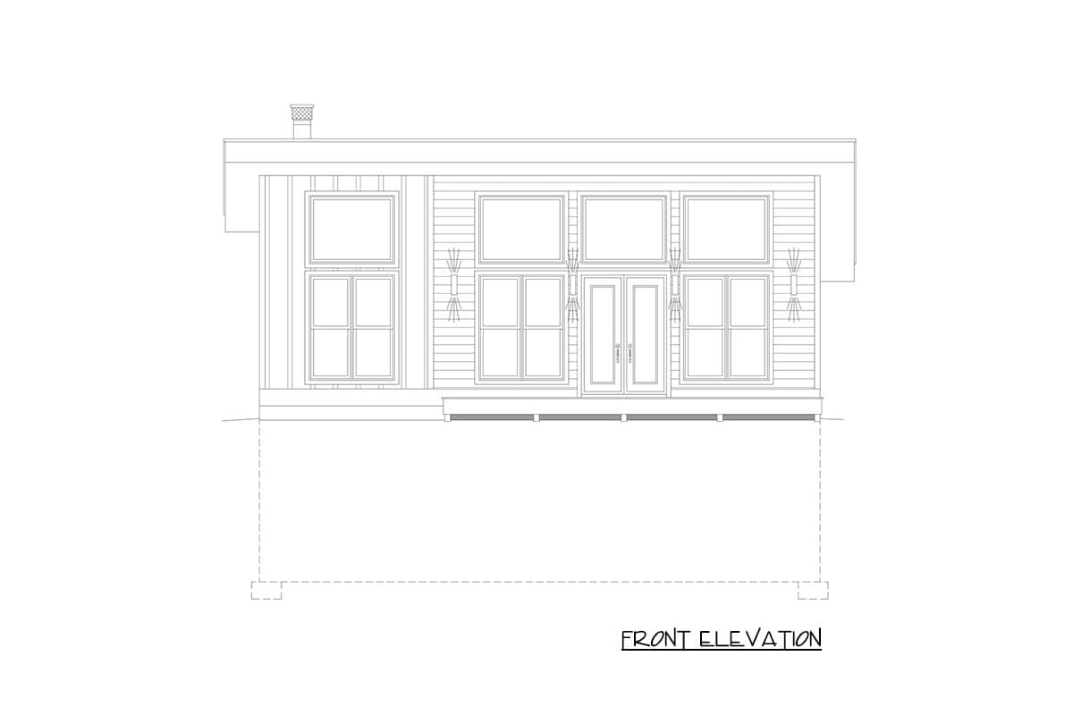 Front elevation drawing of a house with a simple roofline, numerous windows, double doors, and a chimney.