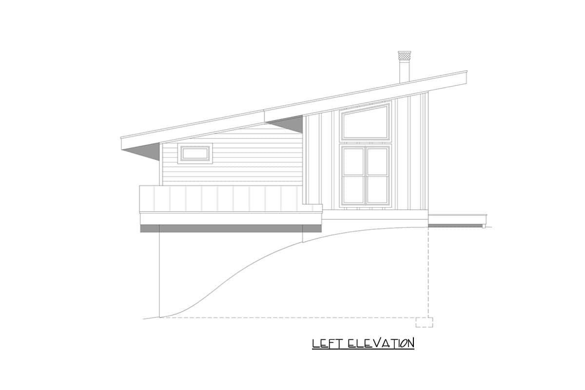 Left elevation of a house plan featuring a shed roof, horizontal siding, a covered deck, and large windows.