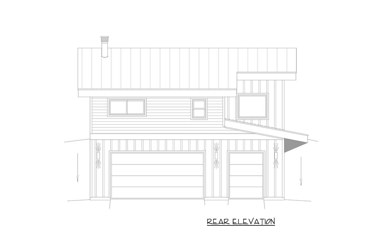 Rear elevation house plan showing two garages, horizontal siding, two stories, and a metal roof with a chimney.