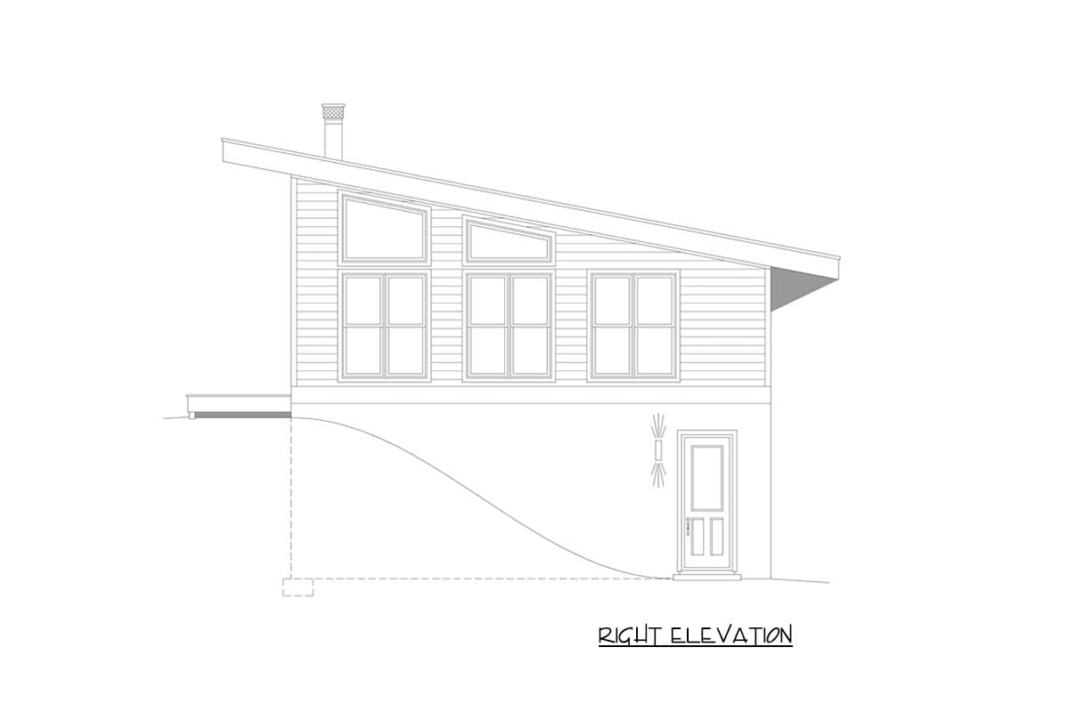 Right elevation house plan showing a modern design with a sloped roof, multiple windows, and a prominent chimney.