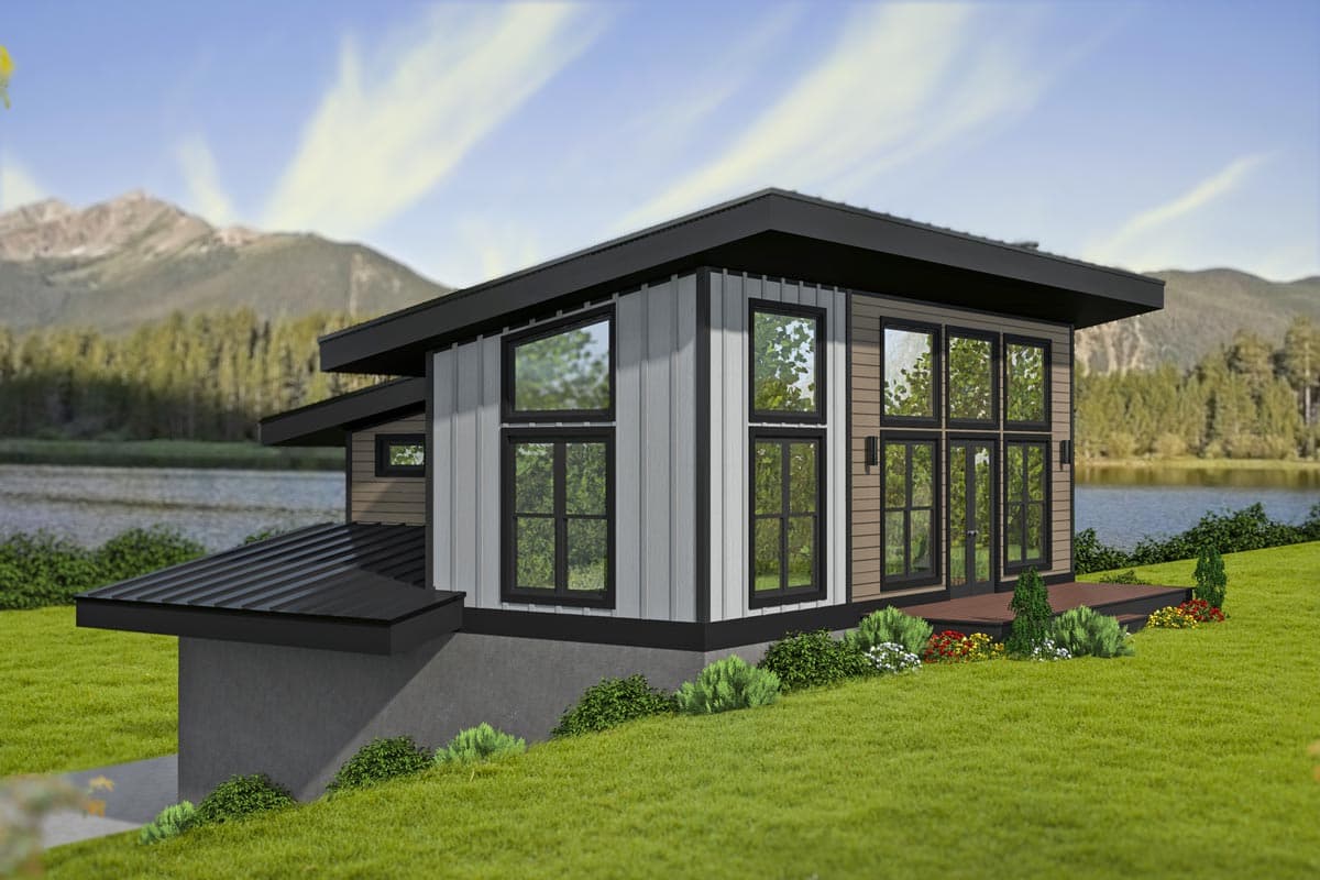 House plan exterior. Modern style with flat roof, large windows, and a covered entry. Features include metal siding and a small deck.