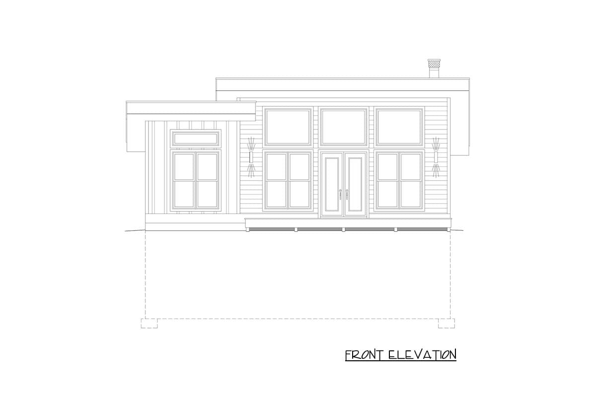 Front elevation drawing of a single-story house plan with a hip roof, multiple large windows, and double doors.