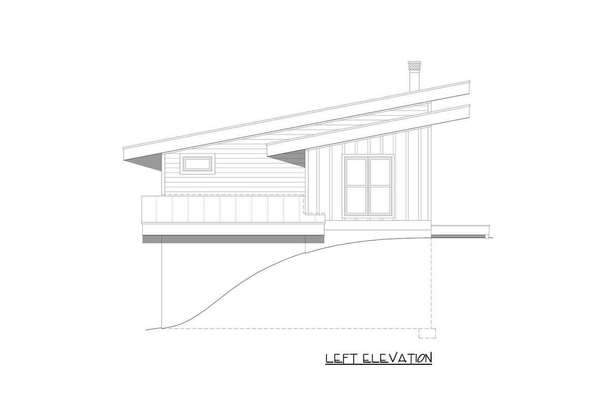 Left elevation drawing of a house with a sloped roof, horizontal siding, a deck, and a chimney.