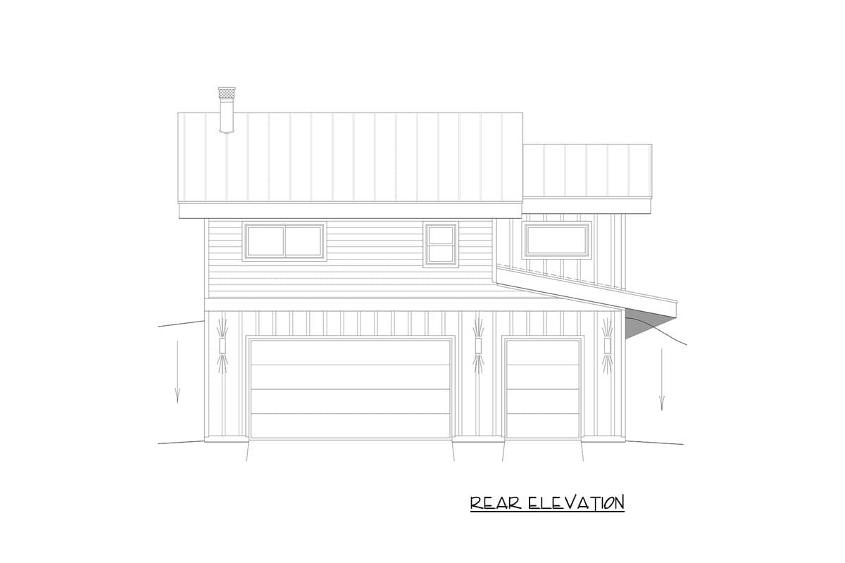 Rear elevation house plan with two garage doors, horizontal siding, and a metal roof.