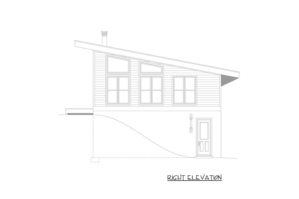 Right elevation drawing of a house plan with a sloped roof, multiple windows, chimney, and entrance.