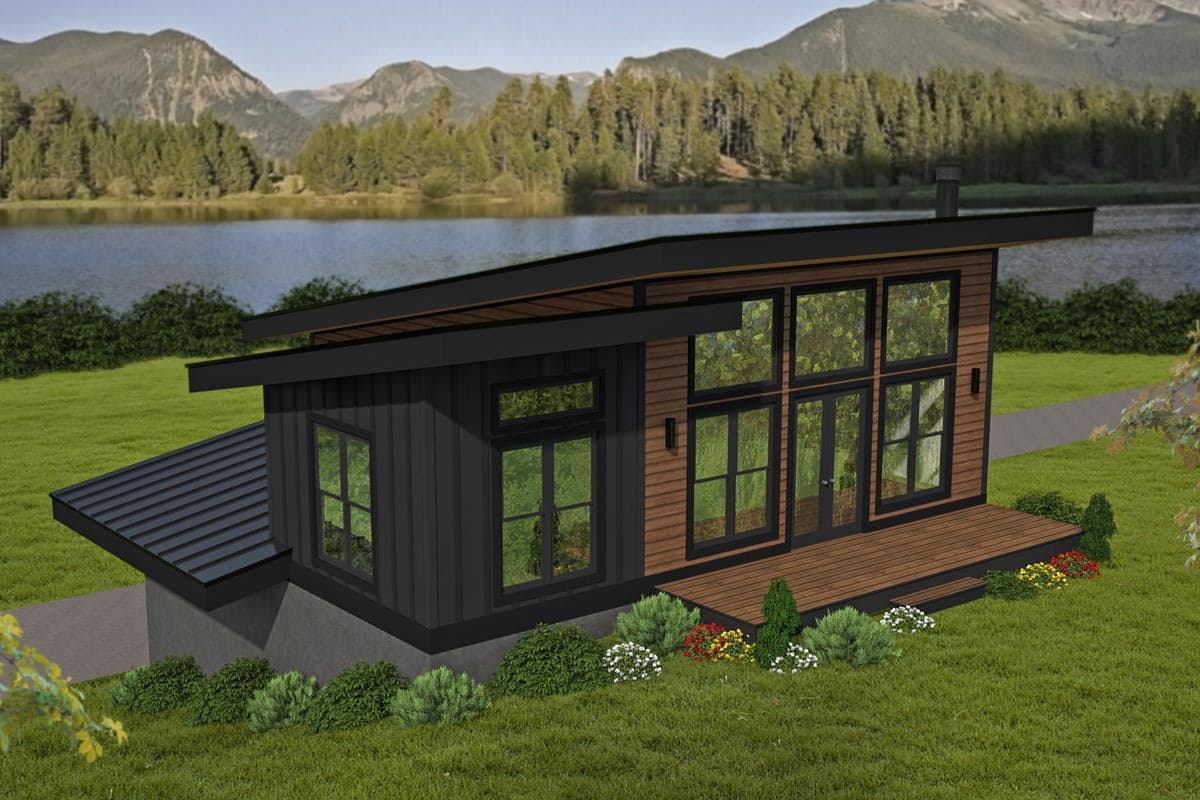 House plan exterior. Modern style with a single-story design. Features include a flat roof, large windows, and a small deck area.