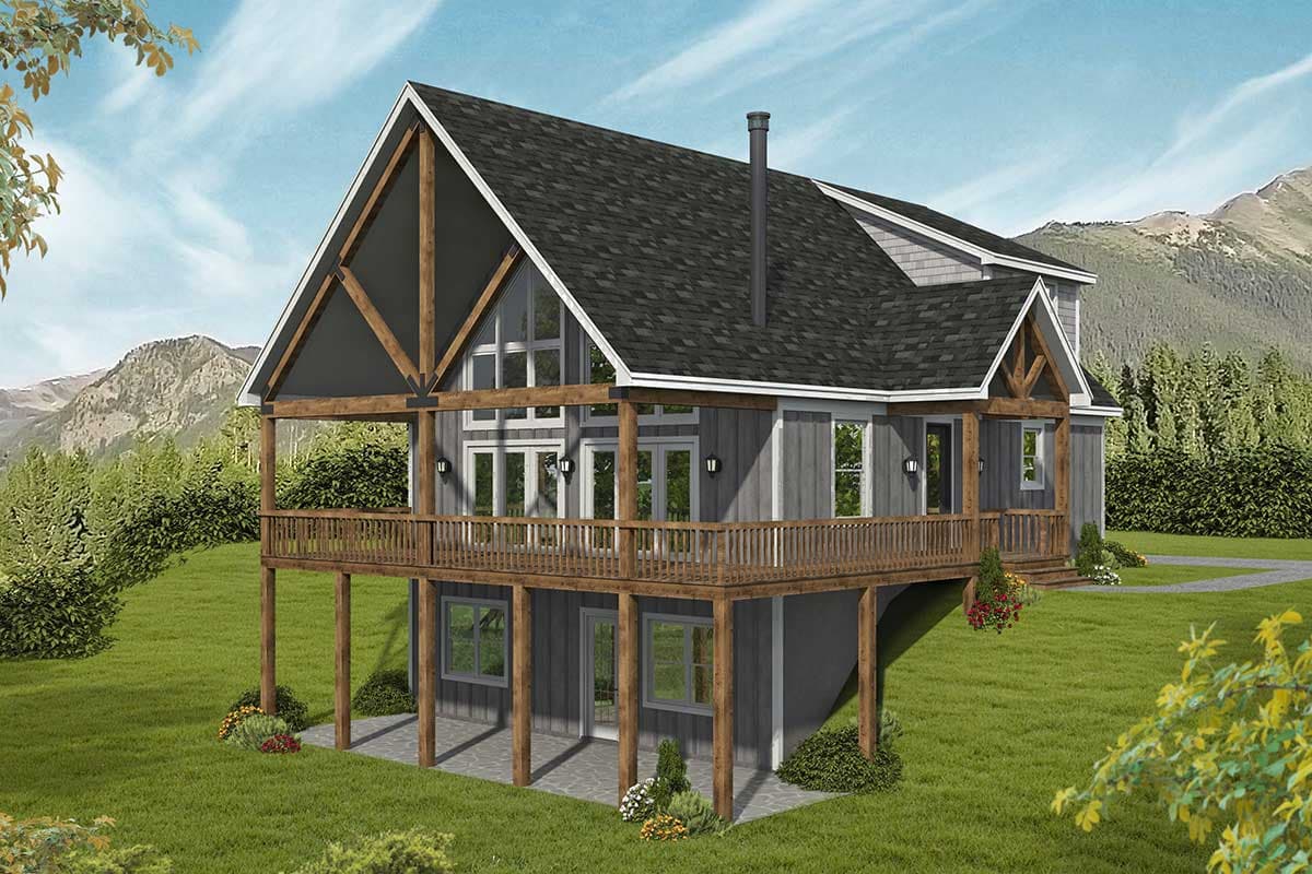 House plan exterior. Two-story cabin with a gable roof, timber-framed porch, and multiple gables. Features a raised deck.