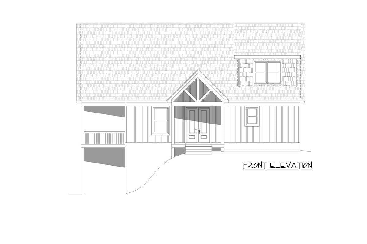 Front elevation drawing of a house plan with a covered entry, gable, dormer window, and side porch.