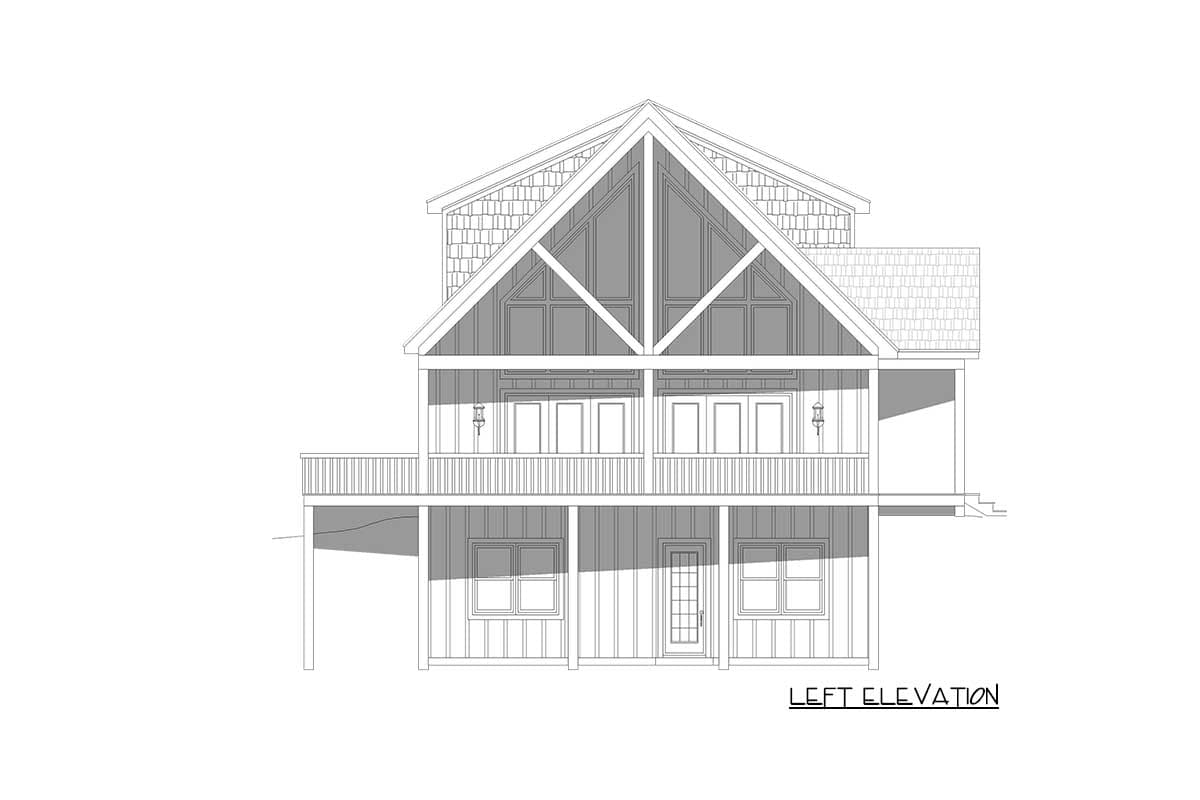 Left elevation house plan showing a two-story structure with gabled roof, upper balcony, and lower porch.