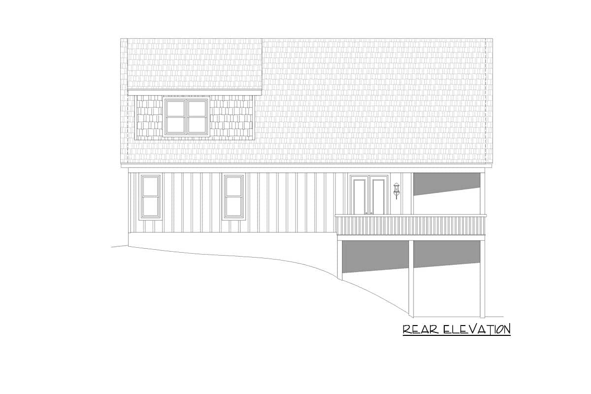 Rear elevation drawing of a house plan, showing clapboard siding, a dormer with a window, and a covered deck with railings.