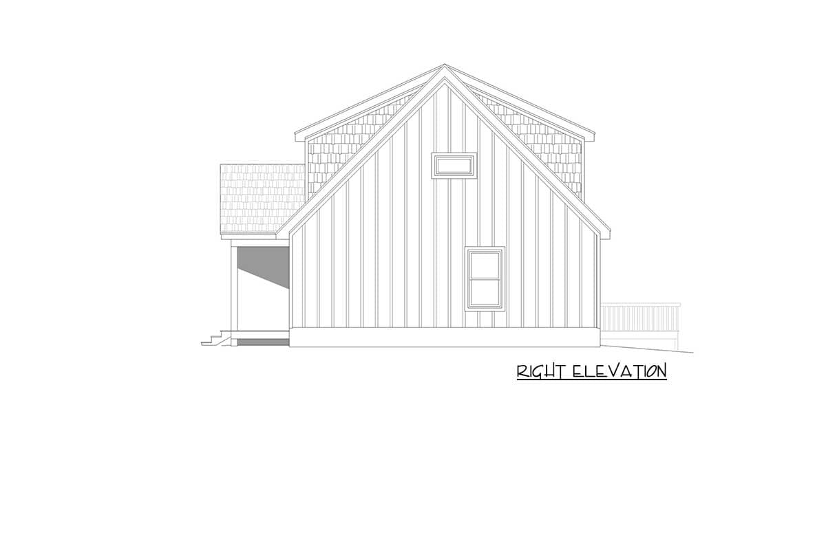 Right elevation house plan: Gable end with vertical siding, shingled gable, and two windows. Small covered porch on left, deck on right.
