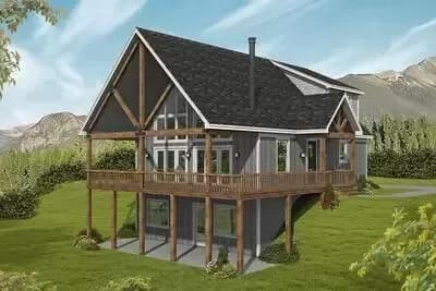 2-Story Mountain House Plan with Large Vaulted Covered Side Porch