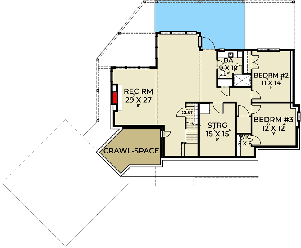 Plan 280148JWD: Country Craftsman with Angled Garage and Wraparound Deck - Floor Plan - Lower Level - Country, Craftsman, Northwest, Traditional