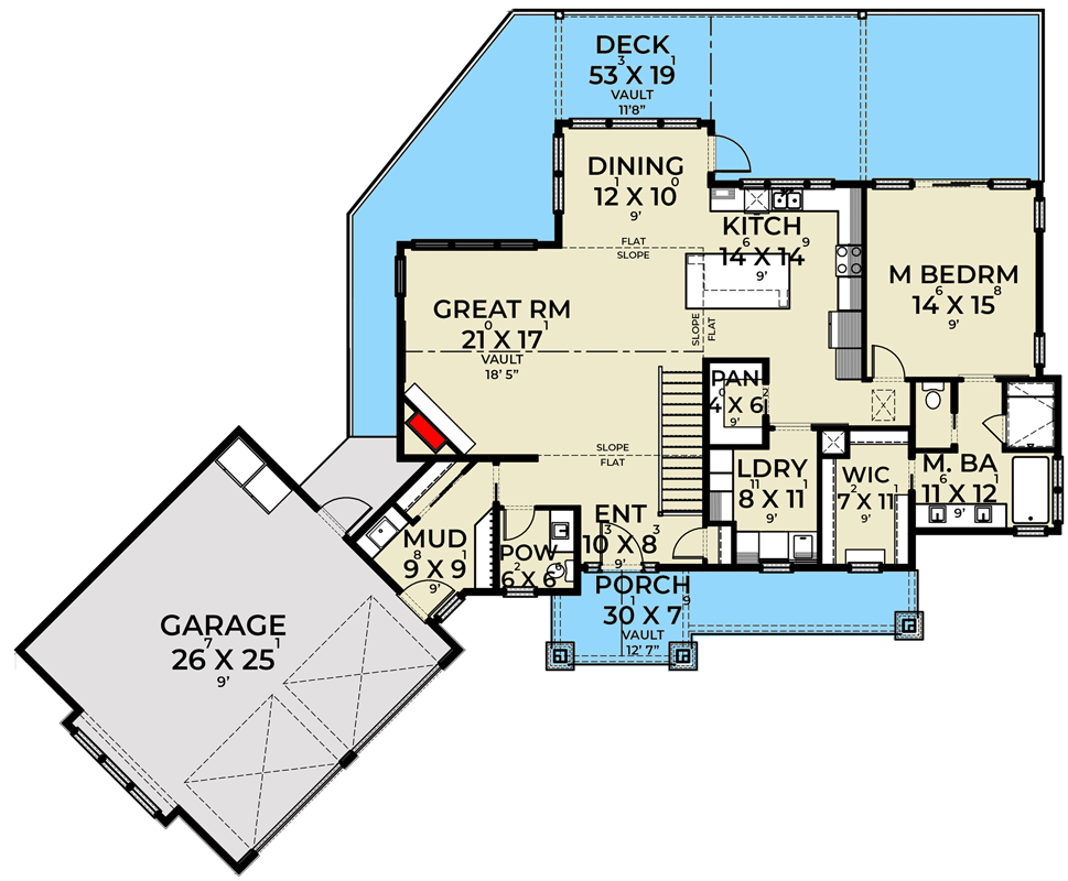 Plan 280148JWD: Country Craftsman with Angled Garage and Wraparound Deck - Floor Plan - Main Level - Country, Craftsman, Northwest, Traditional