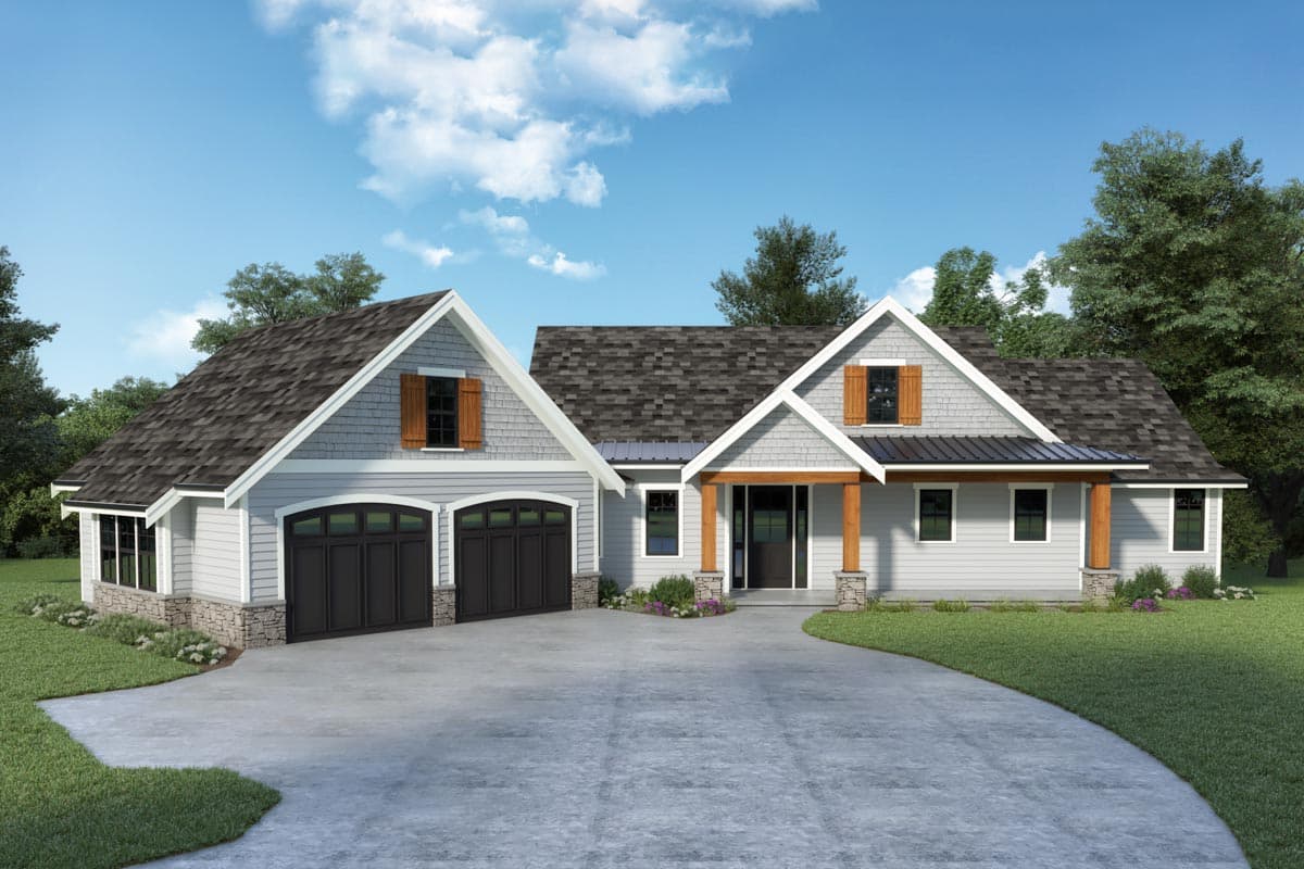 House plan exterior. Craftsman style, one story. Features include gabled rooflines, covered porch, and a two-car garage.