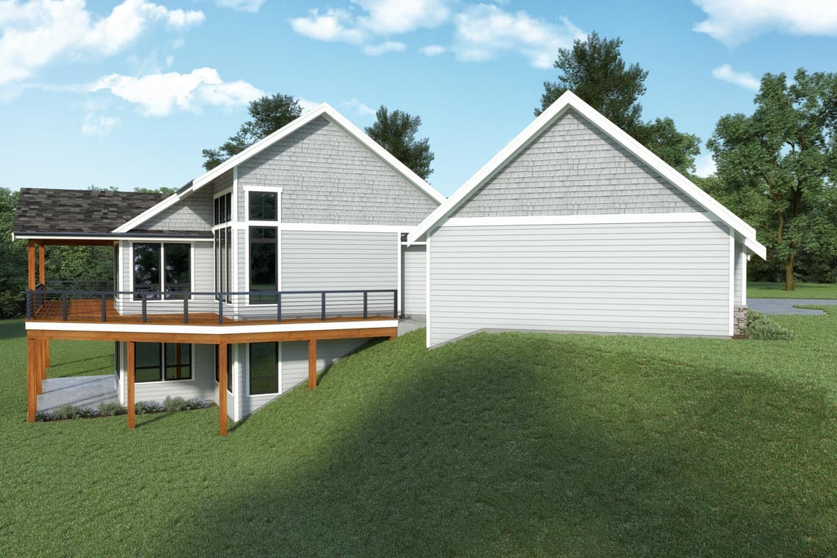 Modern house plan exterior with tiered rooflines, large windows, covered deck, and attached garage.