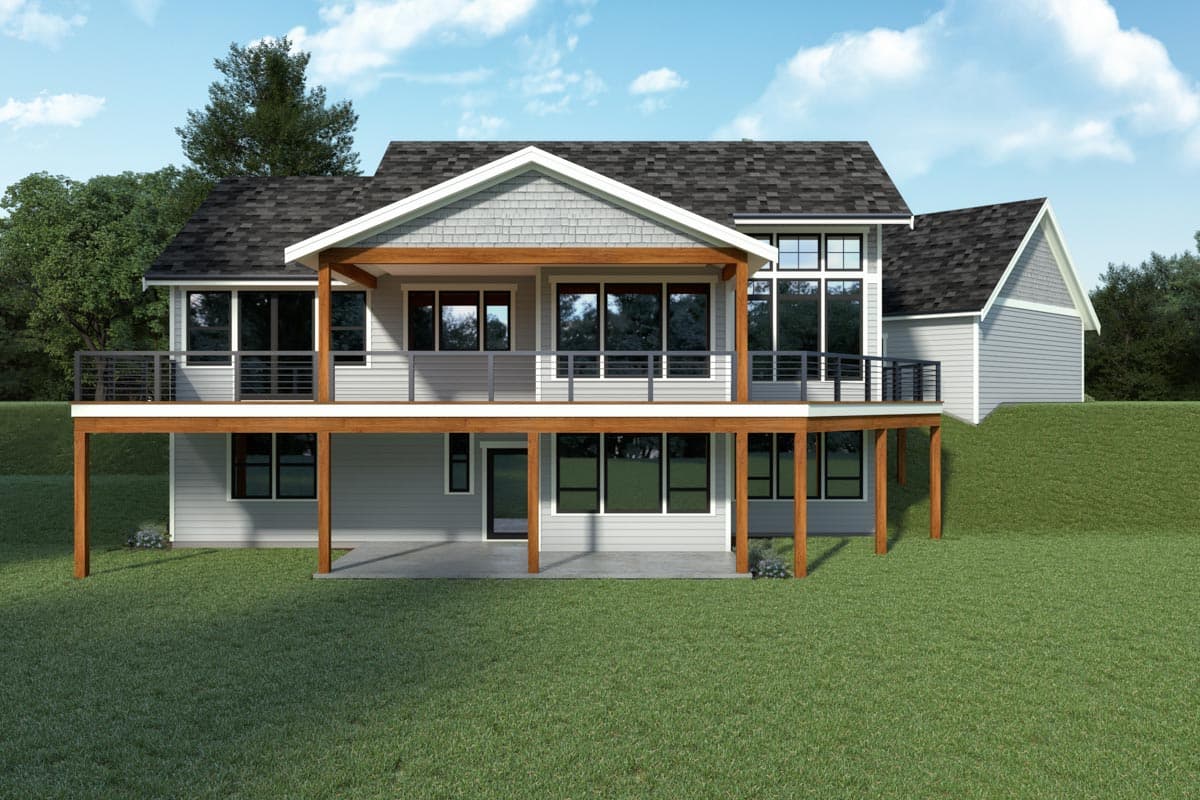 House plan exterior view of a two-story modern home with a covered upper deck, large windows, and wood beam supports.