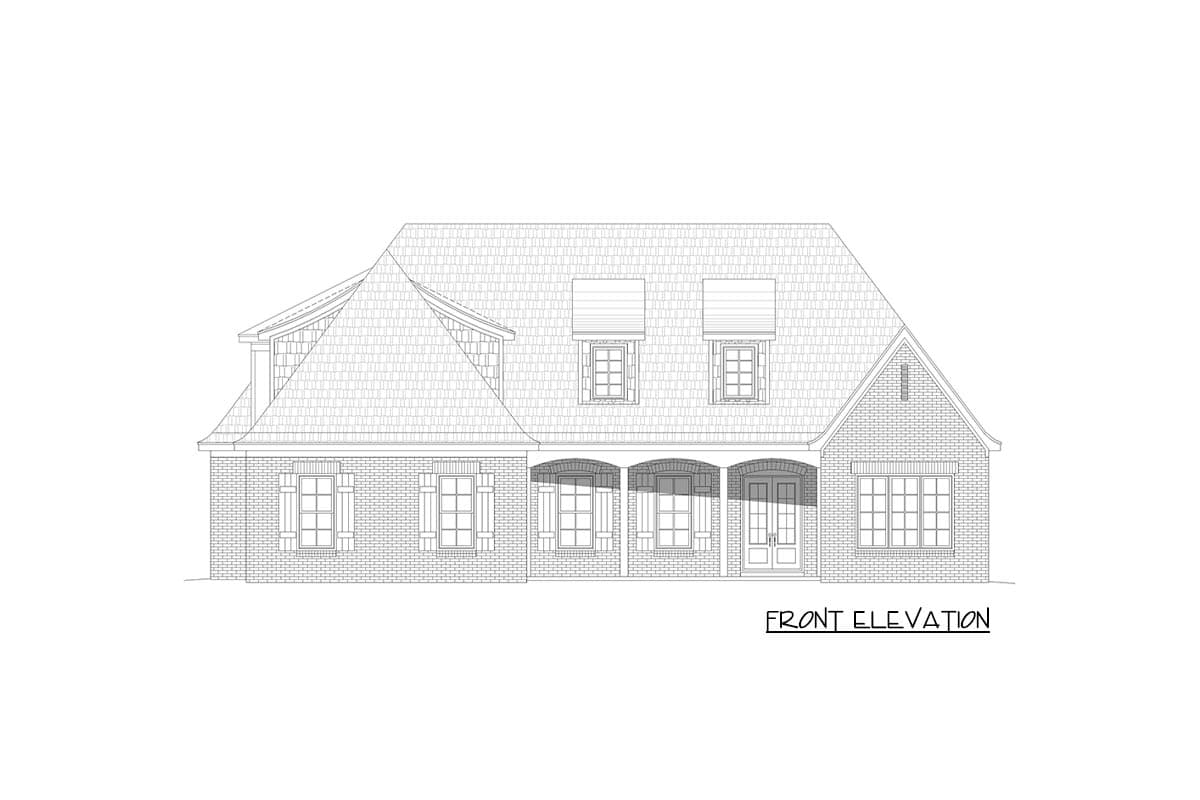 Front elevation drawing of a two-story brick house with a gabled roof, dormers, and a covered arched porch.