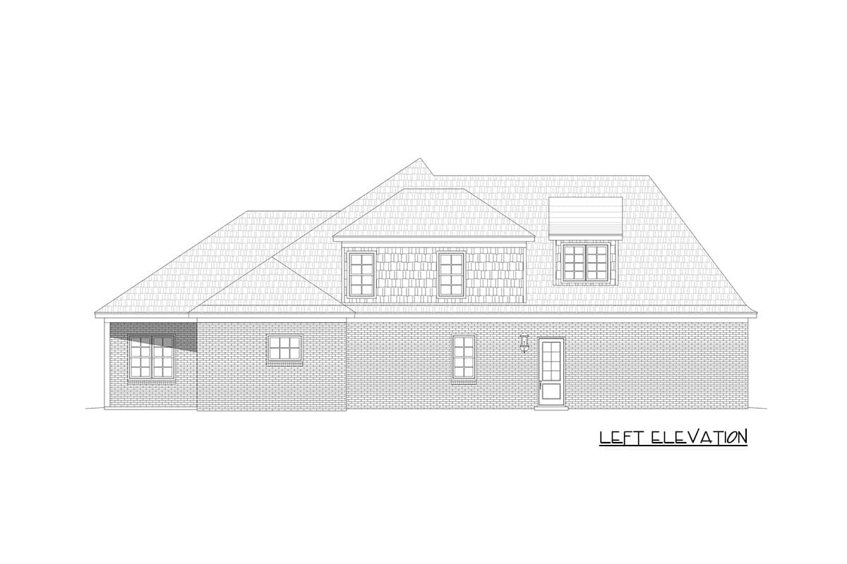 Left elevation house plan drawing of a brick building with multiple gables, dormers, and a covered porch.