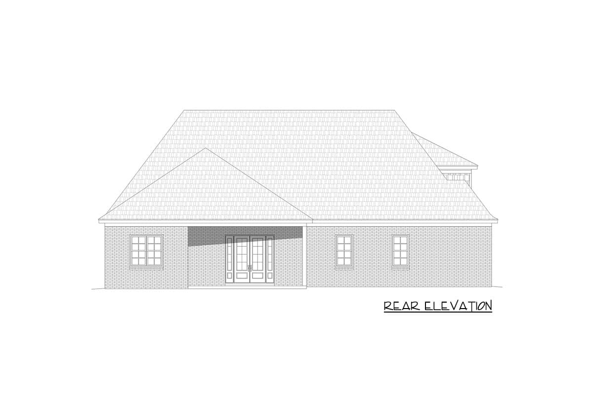 Rear elevation house plan drawing showing a brick house with a covered entrance, multiple gables, and dormer.