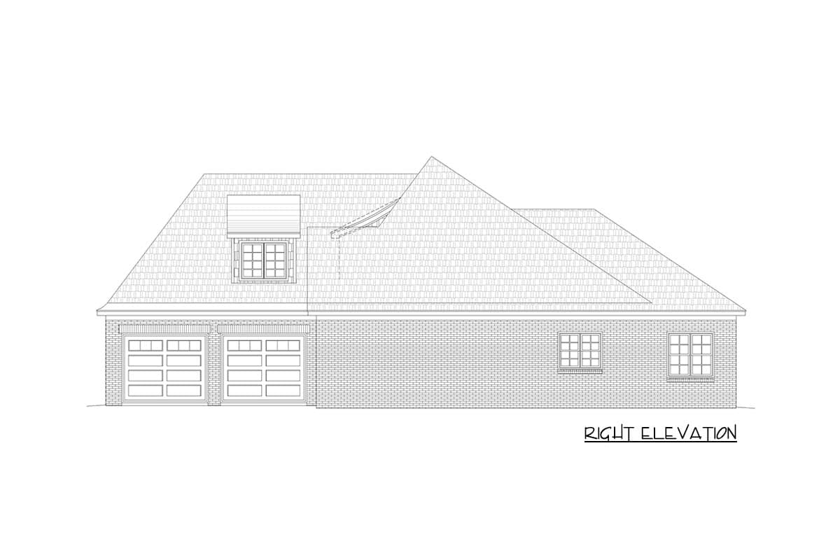 Right elevation house plan with brick exterior, dual garage doors, dormer window, and pitched rooflines.
