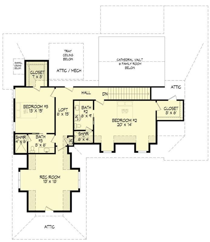 Plan 68857VR: Two-story French Country Home Plan with Home Office and Rec Room - Floor Plan - Upper Level - European, French Country, Southern